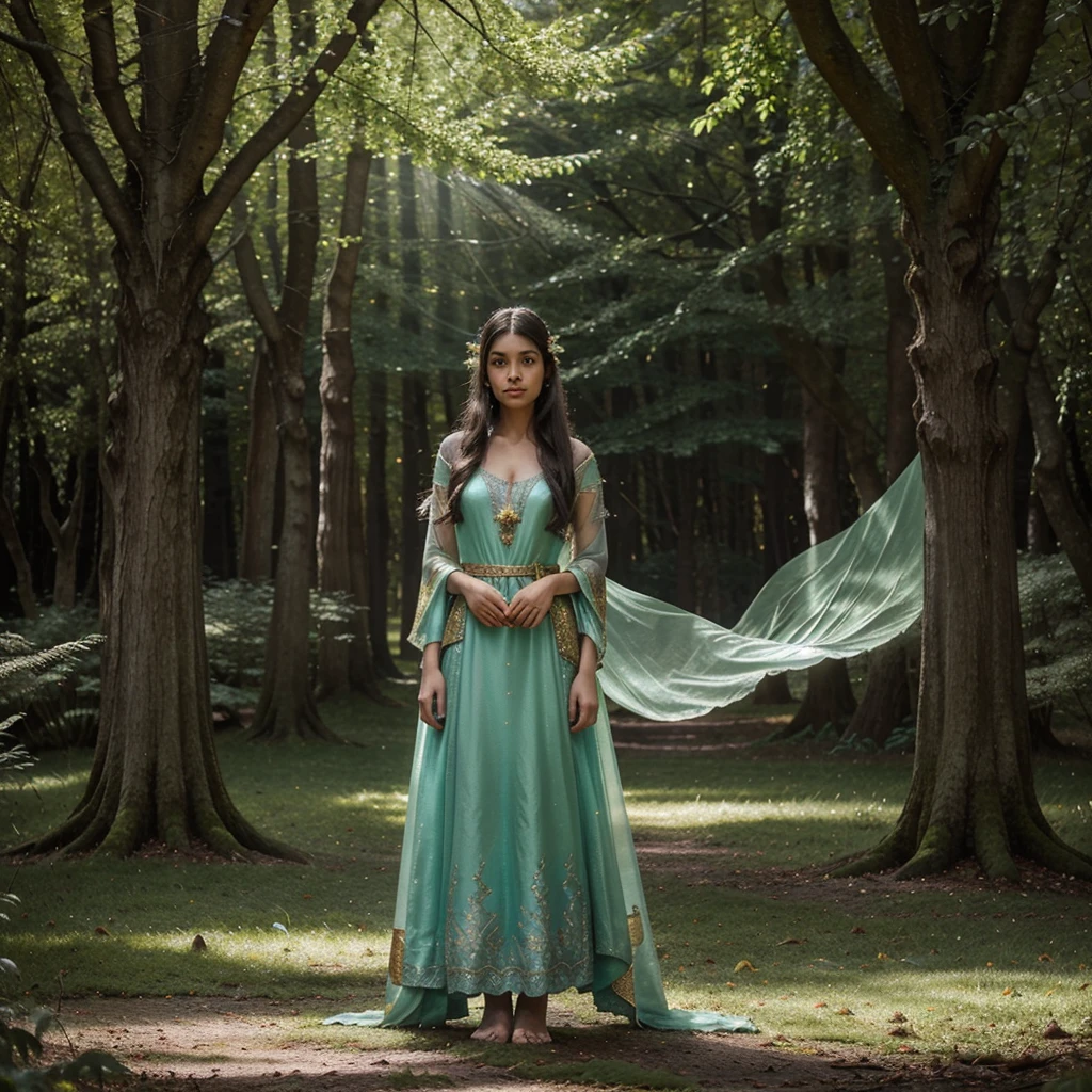girl, solo, fantasy art, portrait, standing in an enchanted forest, surrounded by ancient trees with emerald, silver, and golden leaves, bioluminescent moss and flowers on the ground, mystical light beams filtering through the canopy, faint mist and whispering wind, small glowing fairies flying around, ethereal atmosphere, soft, radiant skin, flowing hair, detailed facial features, magical and serene expression, intricate and colorful attire, enchanted spring in the background, ancient stone pillars with magical runes, majestic light tree at the center