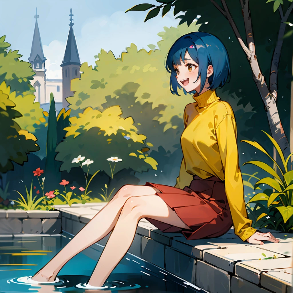 1female, Blue Hair, Yellow Turtleneck, Short Hair, Red Skirt, Casual Shoes, Brown Eyes, Laughing, , Guide, Adult Female, Garden, Sitting by a Pond