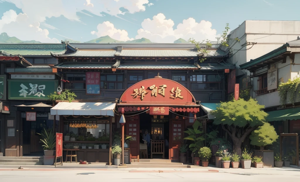 Daytime scene on a bustling street, featuring a two-story Chinese vintage restaurant with sleek glass facade, adorned with verdant potted plants by its entrance.