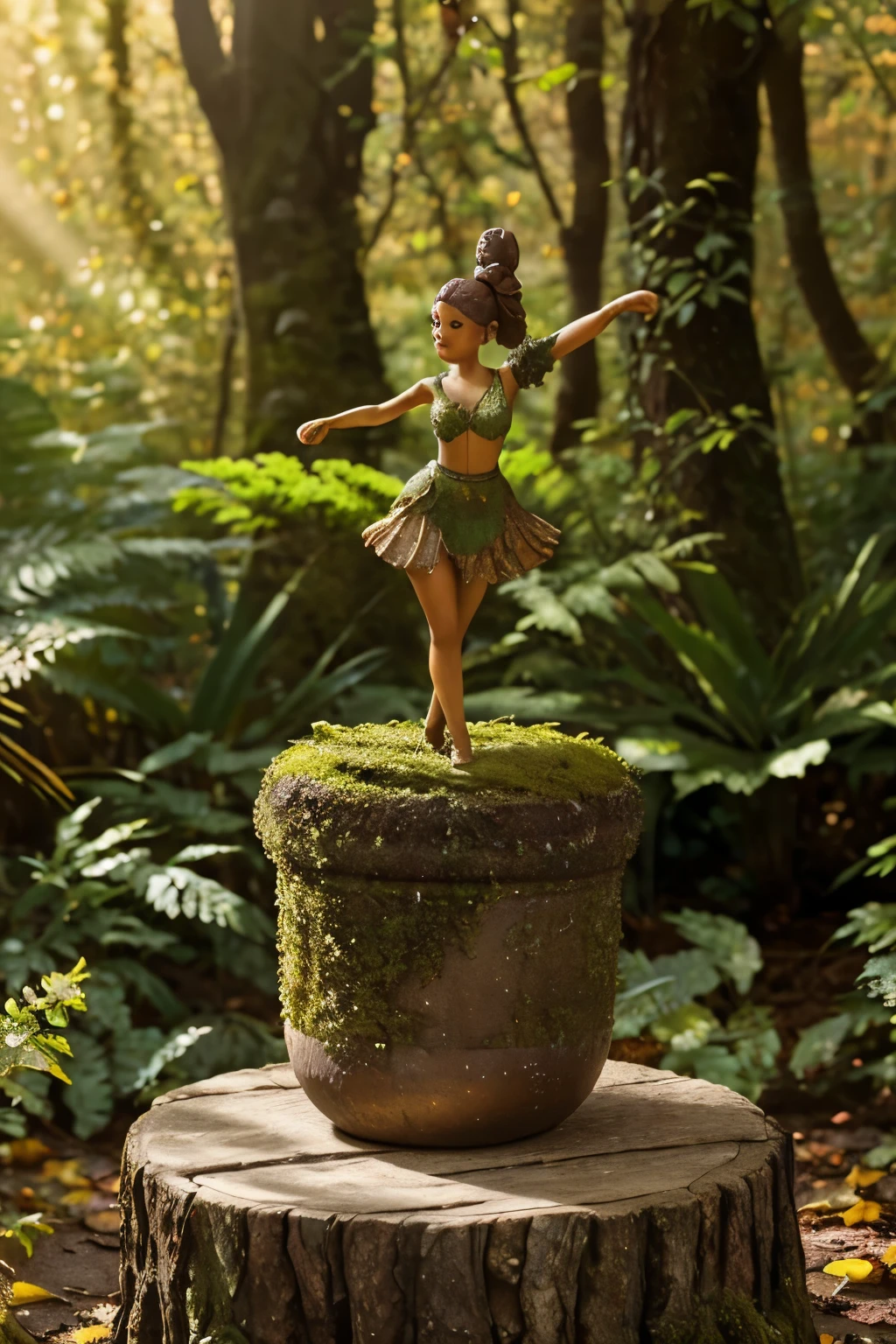 A whimsical miniature figure composed of delicately arranged autumn leaves, poised in a carefree dance on the rim of a weathered, moss-covered terracotta pot, set against a lush, vibrant forest backdrop, where dappled sunlight filters through the canopy above, casting intricate shadows. The overall aesthetic is ethereal, with warm, earthy tones of sienna, umber, and olive green, infused with hints of emerald and golden light, evoking a sense of wonder and enchantment, as if plucked from a fantastical realm.