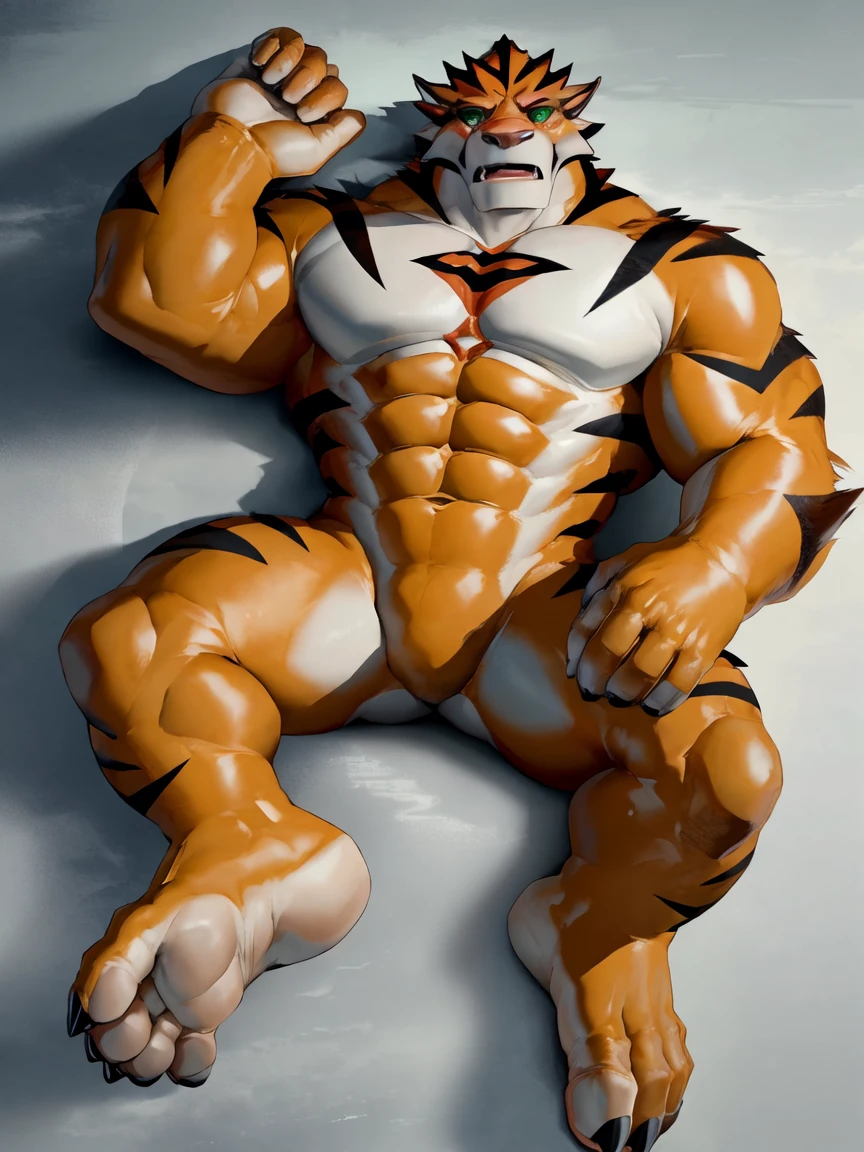 best quality,1boy,solo,muscular male,hi res,8k hd,looking at viewer,arms_raised,(by takahirosi:1.5),masterpiece,best quality,(rath_(ben_10),orange skins):0.9,solo,hi res,8k hd,((nude body:1.7)),green eyes,full body shot,((show legs&feet)),white ground background,(((rugged body,wide_chest,wide_abs,wide_legs,wide_feet,big muscular))),laying_down