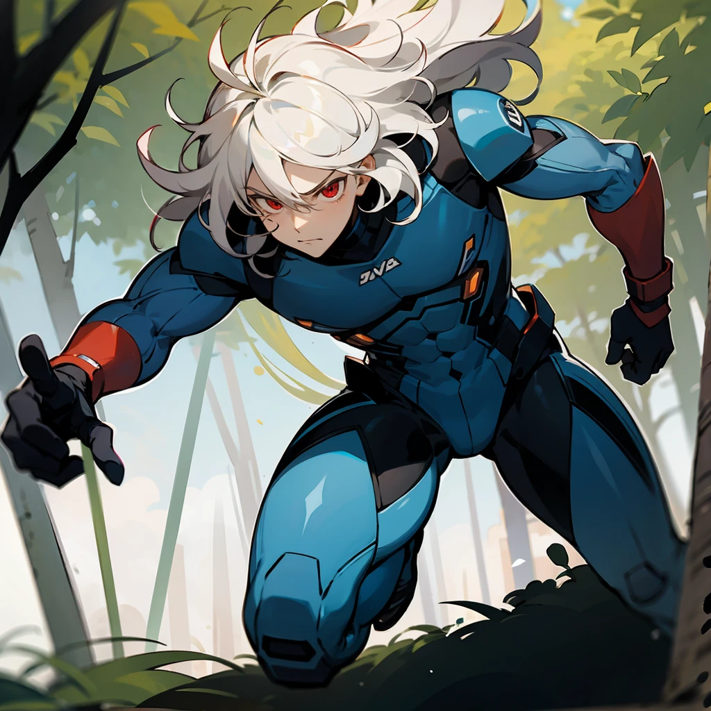 1male, White Hair, Blue Combat Suit, Wavy Hair, Red Gloves, Combat Boots, Red Eyes, Serious Expression, Muscular, Regular, Young Male, Jungle, Running through the Trees