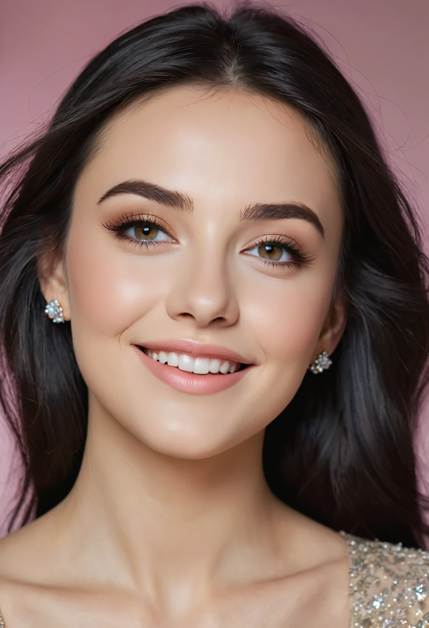 Create an ultra realistic, long, full-face and body photorealistic image of a 20-year-old girl with an enchanting face of Caucasian type. She has deep light brown eyes that captivate anyone who meets them. Her black hair, adorned with lighter shades, gracefully falls onto her shoulders, framing her face with elegance. Her full lips, slightly curved into a mysterious smile, add a touch of allure and charm. Her beauty is a harmonious mix of unique and captivating features, making her irresistibly attractive. The image should engage the viewer with the whimsical charm of her gaze, purposefully avoiding direct eye contact with the camera and instead focusing towards the right. The subject, adorned with bold makeup, wears a captivating, slightly scowling expression while breaking into delightful laughter. With her eyes semi-closed and a playful pose, this moment in time becomes a blend of alluring mystery and genuine joy, showcasing her beautiful facial features and captivating presence.