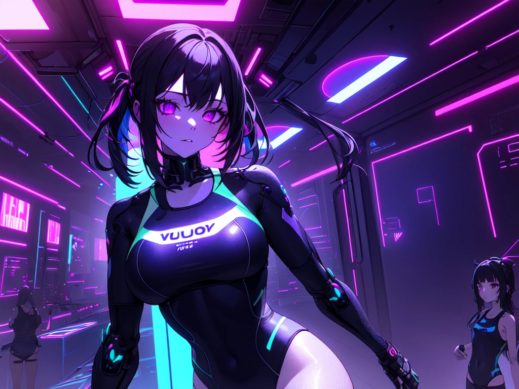 a girl in a school swimsuit, two girls in a cyber world, hologram, cyberpunk, gleaming, glamorous, glossy skin, 3D render, photorealistic, hyper detailed, best quality, 8k, masterpiece, intricate details, cinematic lighting, dramatic colors, volumetric lighting, metallic accents, neon lights, vibrant, striking