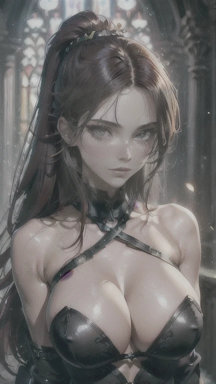 (masterpiece, top quality, best quality, red Sonja, topless, official art, beautiful and aesthetic:1.2), (1girl:1.3), (black hair in big (ponytail)), extremely detailed, portrait, looking at viewer, solo, (full body:0.6), detailed background, close up, black hair, scales, wicked grin, sultry smirk, thigh-high boots, bracers, boots, buckles, straps, (gigantic breasts, cleavage), cute belly button, trim tummy, slim waist, slim hips, long legs, athletic, candlelight, Medieval Europe, (Cathedral exterior:1.1) background, dark mysterious lighting, shadows, magical atmosphere, dutch angle