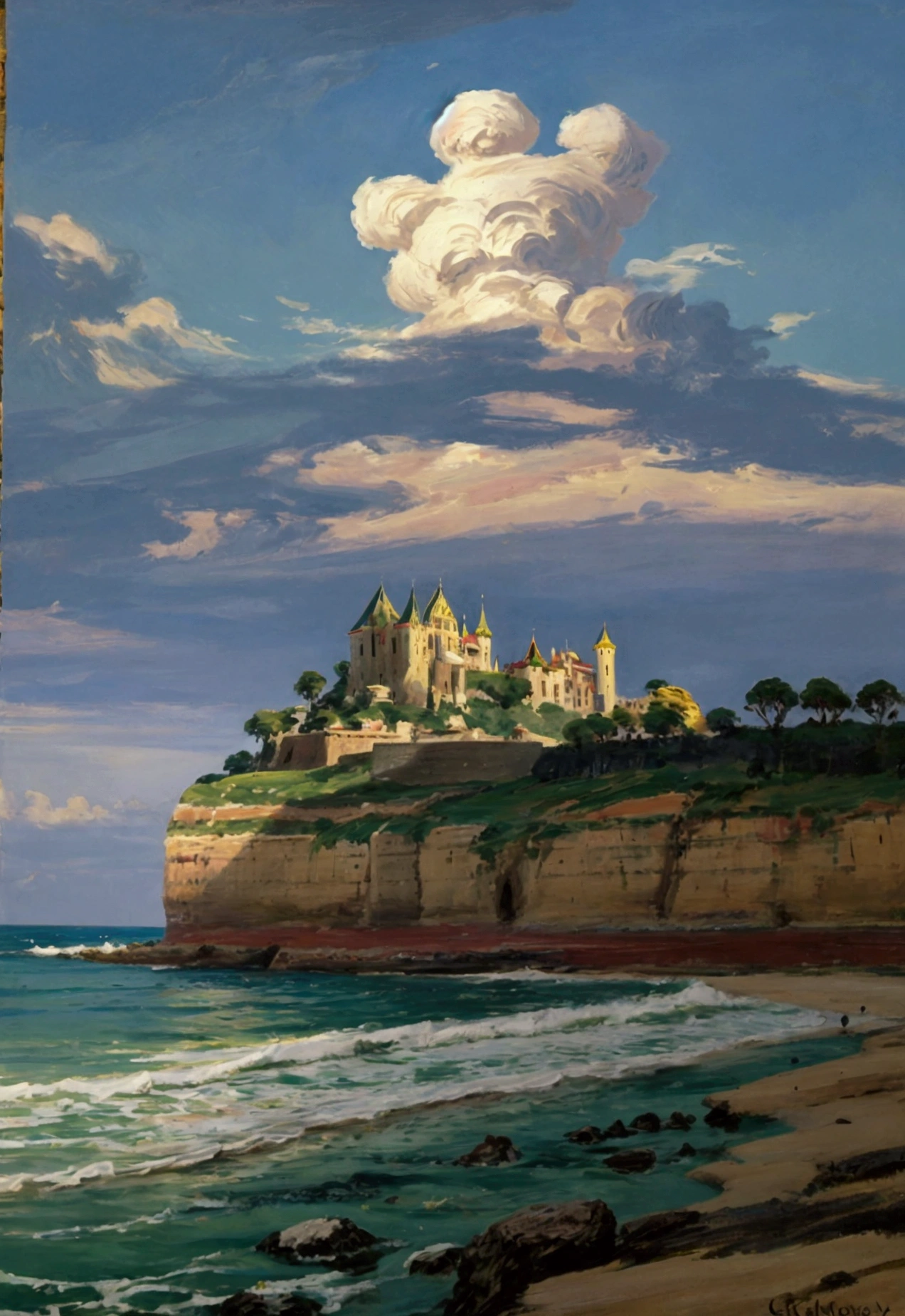 A medieval city with a fortress and a castle with a green flag on a cool rocky shore, with cloudy weather, and a pier with ships 