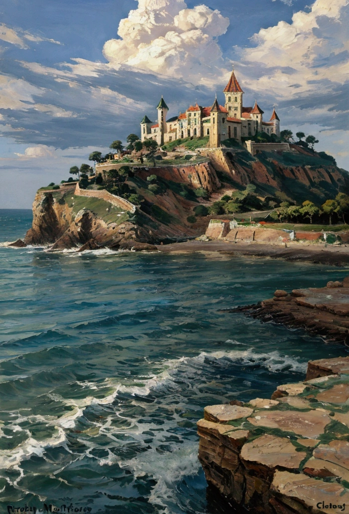 A medieval city with a fortress and a castle with a green flag on a cool rocky shore, with cloudy weather, and a pier with ships 