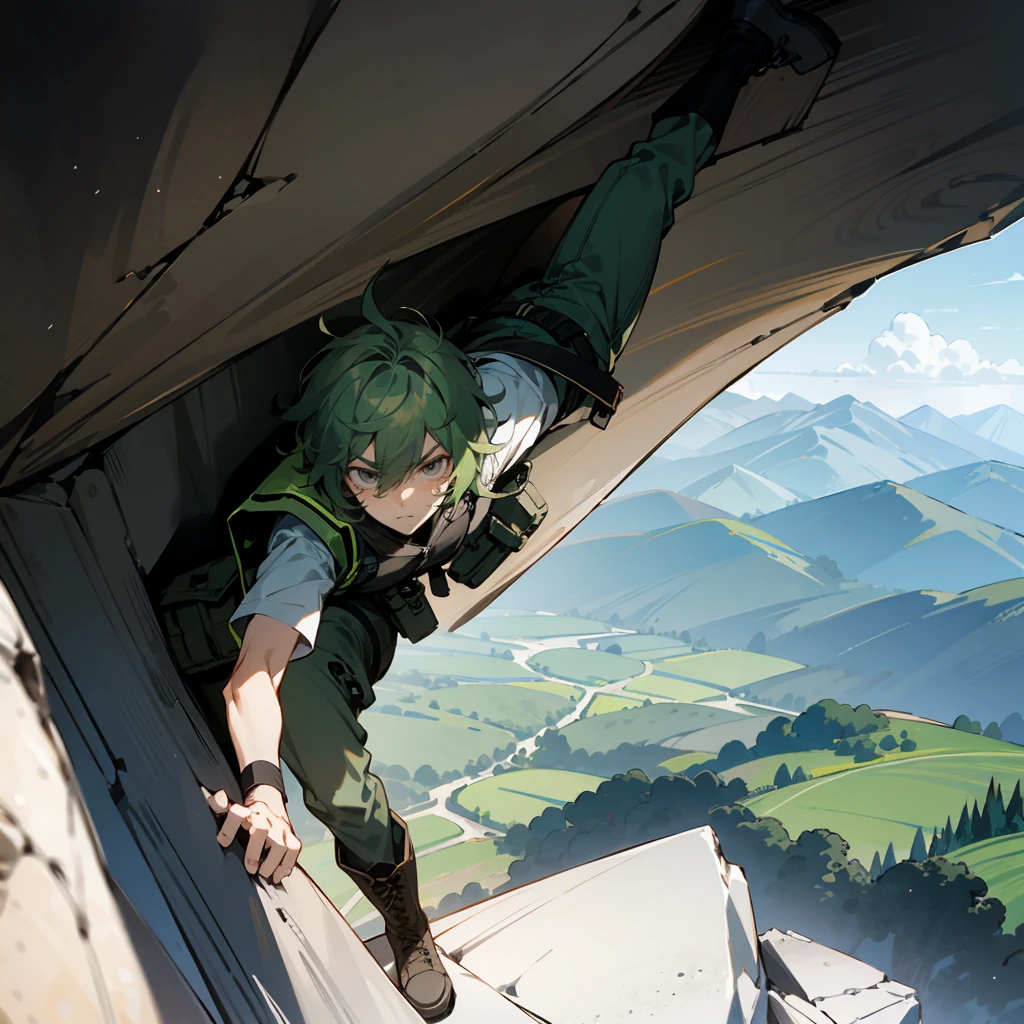 1male, Green Hair, Black Tactical Vest, Shaggy Hair, Grey Cargo Pants, Combat Boots, Grey Eyes, Serious Expression, Average Build, Scout, Adult Male, Mountain, Climbing a Rock Face