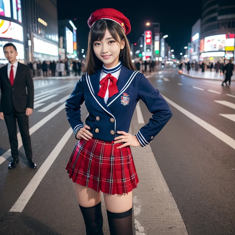 (a trio of gorgeous Asian woman, age 20s, standing with hands in hip, at empty Shibuya Crossing Tokyo, no people, under night sky. They're dressed in Japanese Highschool Uniform, silver digital neck choker, white blouse with a sailor-style collar, a blue pleated skirt, feminine_pure_natural, Serafuku, Seifuku, Sailor Uniform, JK Uniform, Buttons, Red Ribbon, Red Tie, Red Neckties, Red Bolo Ties, Red Neckerchiefs, Red Bows, Sailor Collar, Sailor Hat, Western-style plaid skirts, knee-high socks, blue blazers, blue vests, beautiful detailed face, beautiful detailed eyes, dimpled smile, kind & friendly smile, short straight hair, bob hair, ponytail, black_medium_length_hair_and_bangs, cute snaggletooth, ample round bosom, strengthened chest, Fit & Healthy body proportion, photorealistic, hyper-realism, high contrast, ultra HD, realistic skin textures, top image quality, top-quality, super high resolution, fine details, very meticulously, bokeh background, full_body-shot, vivid colours, masterpiece) #aliceinborderland