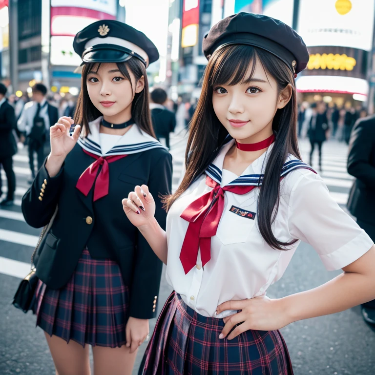 (a trio of gorgeous Asian woman, age 20s, standing with hands in hip, at empty Shibuya Crossing Tokyo, no people, under night sky. They're dressed in Japanese Highschool Uniform, silver digital neck choker, white blouse with a sailor-style collar, a blue pleated skirt, feminine_pure_natural, Serafuku, Seifuku, Sailor Uniform, JK Uniform, Buttons, Red Ribbon, Red Tie, Red Neckties, Red Bolo Ties, Red Neckerchiefs, Red Bows, Sailor Collar, Sailor Hat, Western-style plaid skirts, knee-high socks, blue blazers, blue vests, beautiful detailed face, beautiful detailed eyes, dimpled smile, kind & friendly smile, short straight hair, bob hair, ponytail, black_medium_length_hair_and_bangs, cute snaggletooth, ample round ?????, strengthened chest, Fit & Healthy body proportion, photorealistic, hyper-realism, high contrast, ultra HD, realistic skin textures, top image quality, top-quality, super high resolution, fine details, very meticulously, bokeh background, full_body-shot, vivid colours, masterpiece) #aliceinborderland