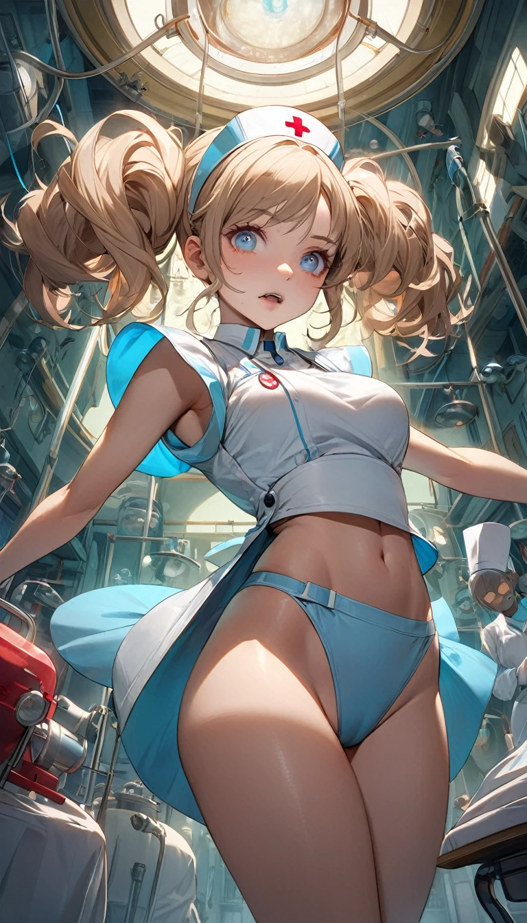 (mad scientist), 8k resolution, masterpiece, Highest quality, Award-winning works, unrealistic, Sexy Womanだけ, healthy body, Age 25, White wavy long hair, hair band, big firm bouncing chests, (Crazy Nurse), A terrifying sight, fear, Very detailed, Digital Painting, artステーション, コンセプトart, Smooth, Sharp focus, shape, artジャム、Greg Rutkowski、Alphonse Mucha、William Adolphe Bouguereau、art:Stephanie Law , operating room, Royal Jewel, nature, Full Shot, Symmetric, Greg Rutkowski, Charlie Bowwater, beep, Unreal 5, Surreal, Dynamic Lighting, ファンタジーart, Complex colors, Horrific scenes, Small face, Very delicate look, Delicate eye depiction, Upper body close-up,, erotic, dynamic sexy pose, Sexy Woman, Healthy body, 24-year-old female, doaxvv_Marie Rose, mad nurse, height: 150cm, Twin tails, To flap one's hair, Glaring at the camera, look up, Creepy Laughter, (mad look, Bloodshot eyes), (Bloody nurse uniform), Tight Skirt, stockings, pumps, Brandishing a scalpel