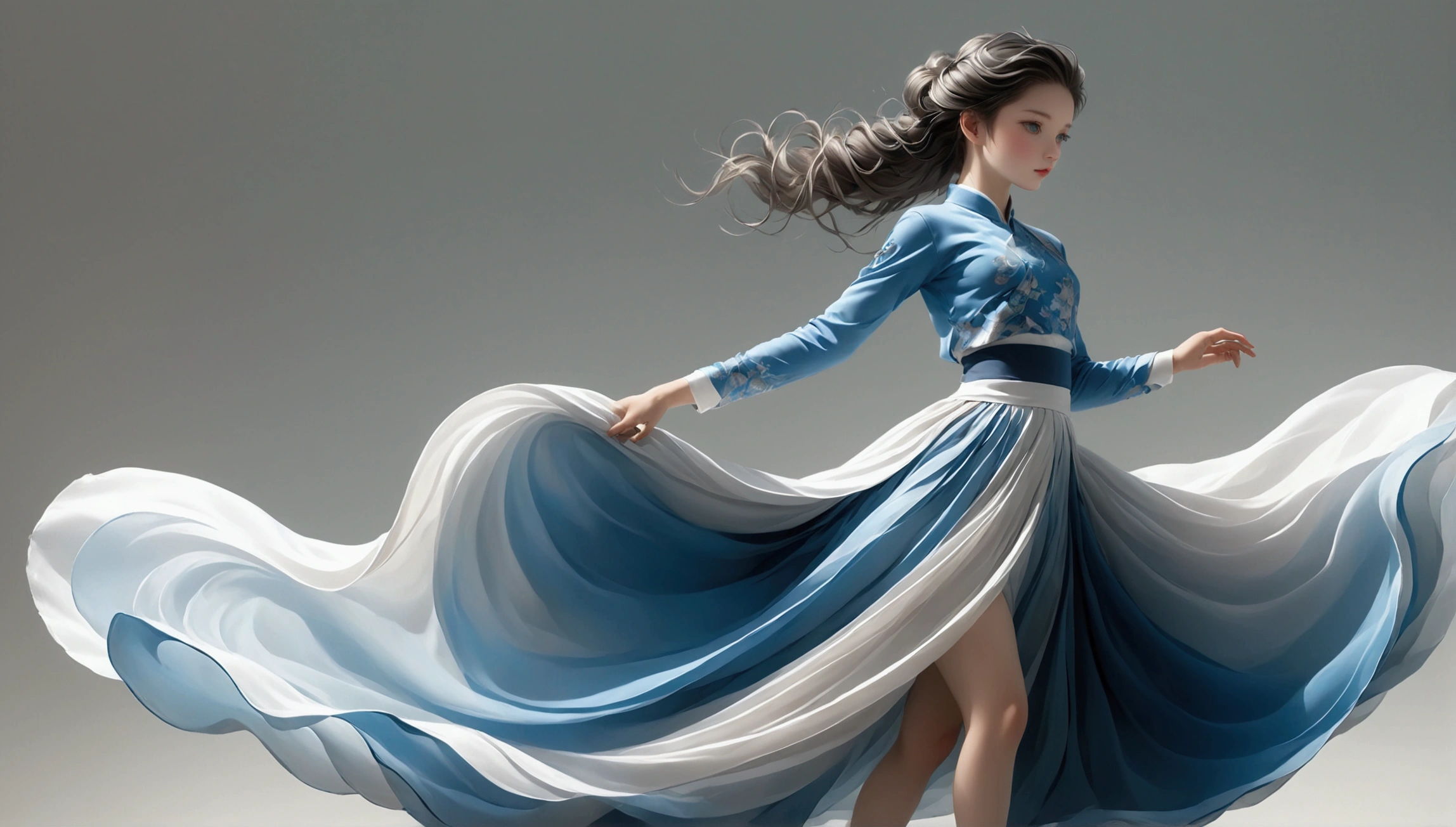 Dance photography：A ，Solitary；A dancing little girlk Eyeball，confidence，High and cold，happy]；[Long skirt elegant style，Long sleeve；Gray blue and white gradient，Traditional style，Smudged skirt hem，Full screen skirt，Skirt smudge background，Ink feeling，Sense of atmosphere，The skirt has no pattern]；[elegant，Flexible skirt；Long hair，Long hair披肩]。[Chinese dance]，[[[Full body panorama 1.5]]]，front；The figure is submerged in the fabric of the skirt，Full screen fabric；White background，纯White background；Composition：The character is on the right side of the screen； Simple style；Minimalism。Panoramic photography；Depth of Field, Extraordinary details, masterpiece, high quality, 4K，cinematic lighting, motion blur, depth of field, sparkle, ray tracing, reflection light, anatomically correct, uhd, textured skin, best quality, super detail, highres, high details, accurate, high quality, award winning