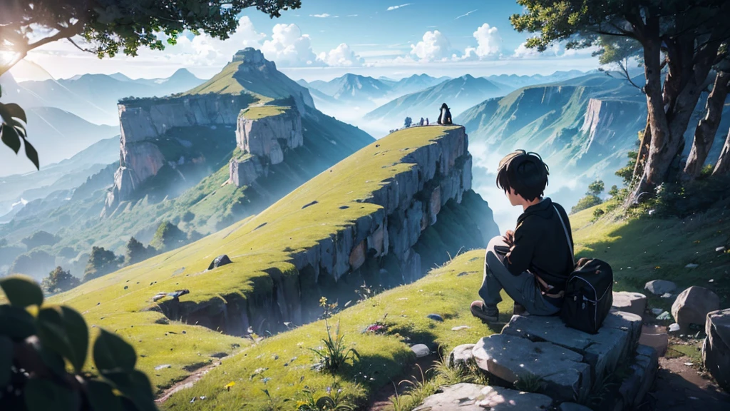 A contemplative age boy is perched comfortably on a majestic mountain peak, nestled under the embrace of a giant tree. Its dense canopy, lush emerald leaves, is a stark contrast to the dramatic sky above. Thick, brooding clouds, containing unspoken secrets, dominate the sky, their bold shapes casting intricate patterns of light and shadow across the rugged landscape. The boy looked up, his eyes fixed on the vast expanse where the horizon met the sky. The posture is relaxed. Mountain ranges, with a stunning backdrop, stretch out in all directions, their peaks and valleys a silent testament to nature's majesty. The bright colors of the surrounding flora, frame the solitary figure of the boy, The atmosphere is one of serene stillness, a moment frozen in time, This image exudes a sense of serenity, a visual symphony of the power of nature and the immense impact it has on the human spirit, 4K. wide angle shot, cool toned color grading, lens flare, long exposure,, (cartoon- bold line work style: 1.2), bright colors, cel shading