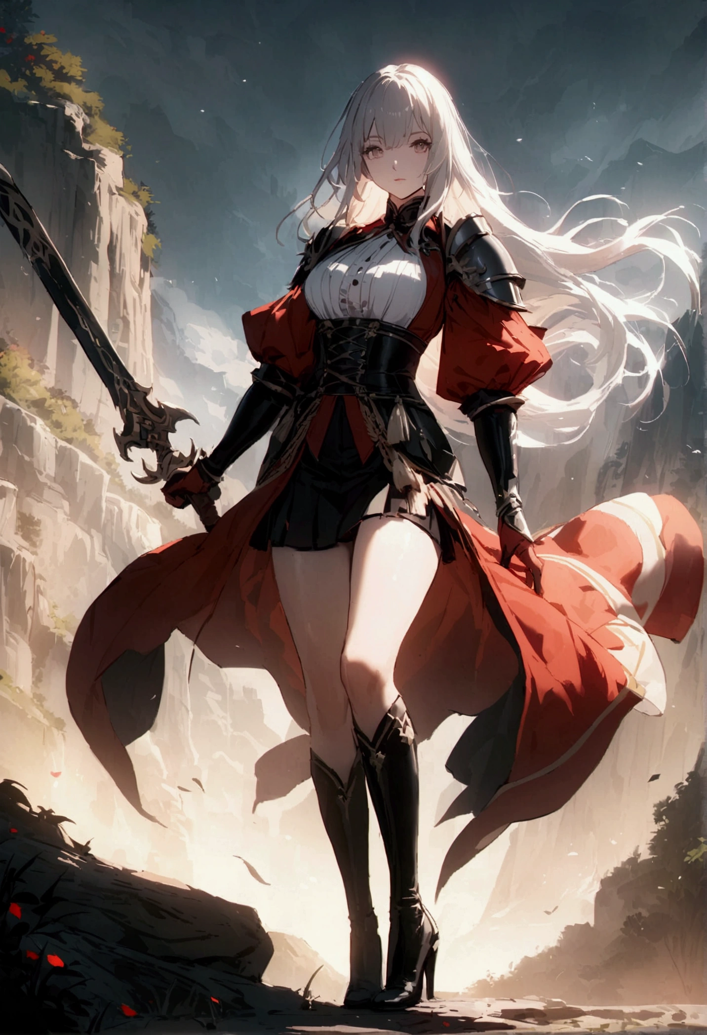 Sabre,Long hair,,High heel。Handsome,woman,The background is a valley