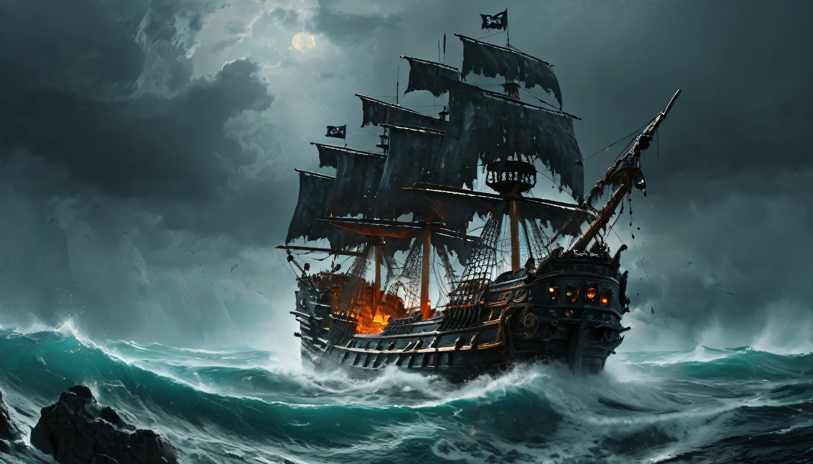 Impactful paint of a large menacing pirate ship on a stormy sea on rocks, highly detailed, 8k, sharp, professional, clear, high contrast, vivid deep blacks, crystal clear, octane render, masterpiece, vivid colors, best quality, highly detailed, best art, award winning,