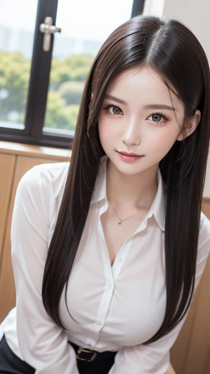 ((huge breast:1.1))、Glowing Skin、Oily skin, Glowing Skin、Shiny skin)、(Highest quality),(Very complicated:1.3), (Realistic), One Girl, Mature Woman, White, Green Eyes, Perfect Eyes, Perfect Iris, The perfect student, Perfect Lips,Perfect Nose, Perfect hands, Extremely elaborate hands, Perfect Fingers, Black Hair, Long Hair, Straight hair, Side ponytail hairstyle、Strong sunlight, Detailed professional photos of beautiful women, Sharp focus, Awards, Cinema Lighting, Blurred Background, Are standing, ((Confident)), (Pause:Looking into the camera),((shirt))、((full body))、((Bend over and peer at me))、(Looking up)、smile、Healthy Thighs、