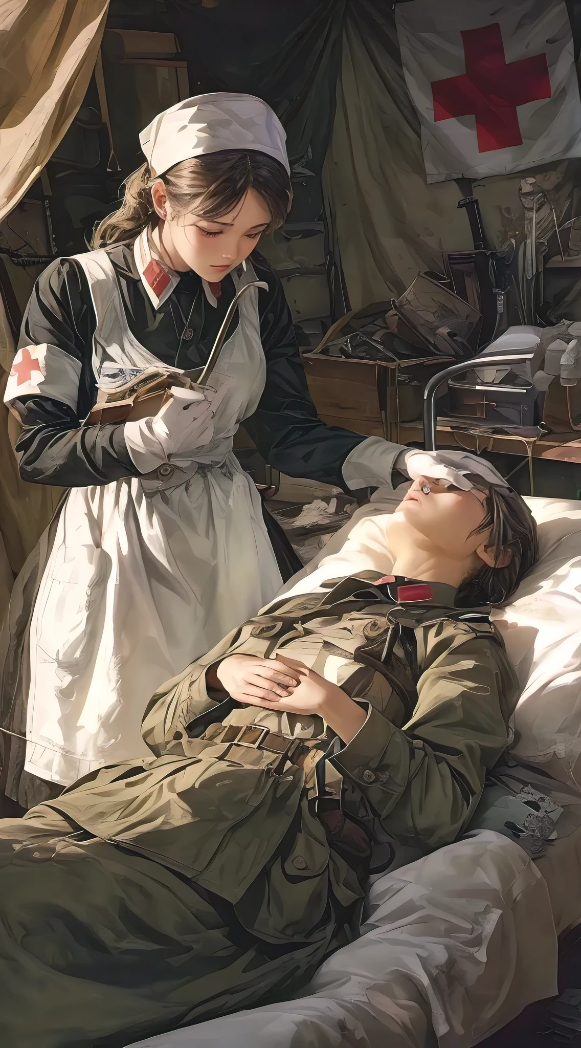(best quality, ultra-detailed, photorealistic), world war 2 nurse tending to a patient in a makeshift hospital, military camp