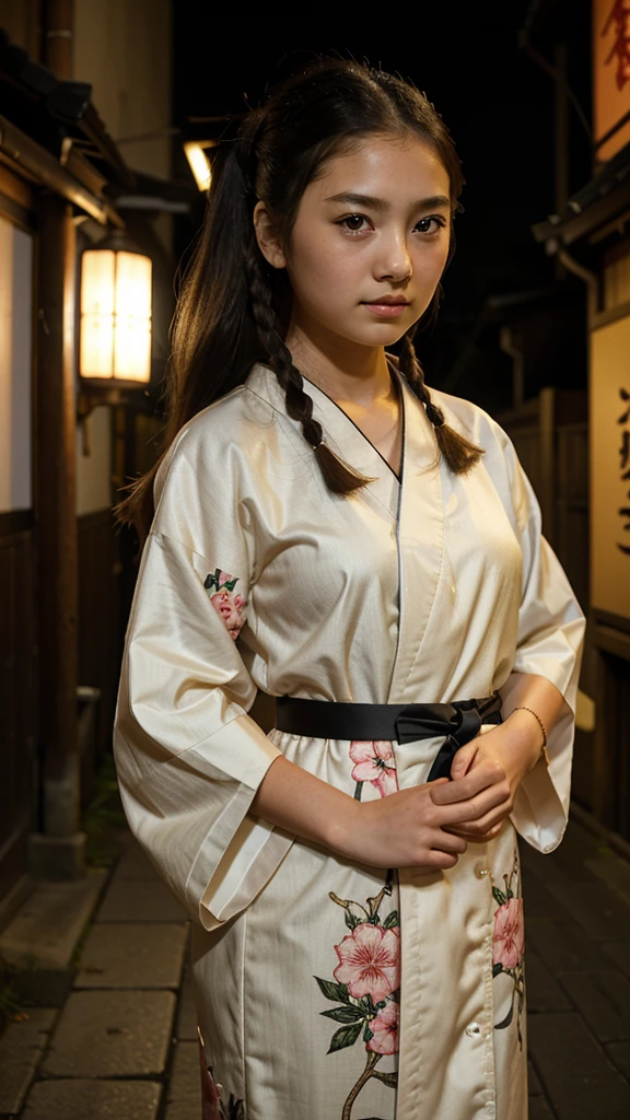12 year old girl very cute like doll Edo era Japanese beautiful kimono dress Realistic Skin Ponytail night Edo streets