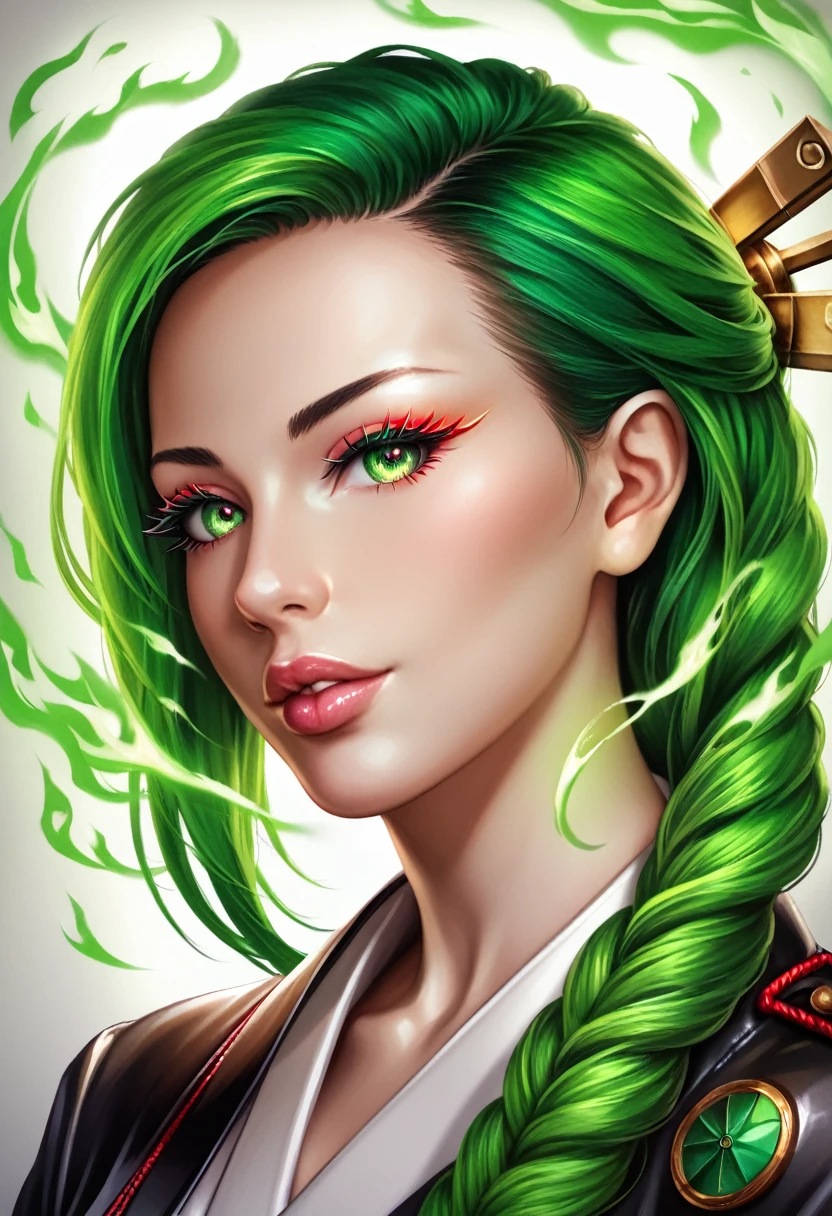 detailed portrait of a girl with green fire hair, wearing japanese  uniform, beautiful detailed eyes, beautiful detailed lips, extremely detailed face and features, long eyelashes, leather gloves, fire effects, intricate design, dramatic lighting, vibrant colors, highly detailed, 8k, hyper realistic, photorealistic, masterpiece