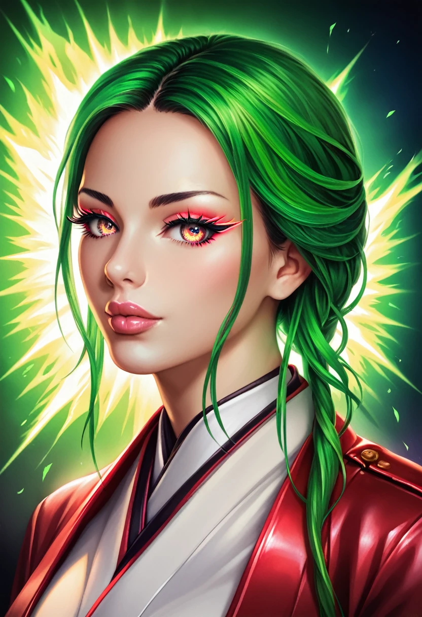 detailed portrait of a girl with green fire hair, wearing japanese uniform, beautiful detailed eyes, beautiful detailed lips, extremely detailed face and features, long eyelashes, leather gloves, fire effects, intricate design, dramatic lighting, vibrant colors, highly detailed, 8k, hyper realistic, photorealistic, masterpiece