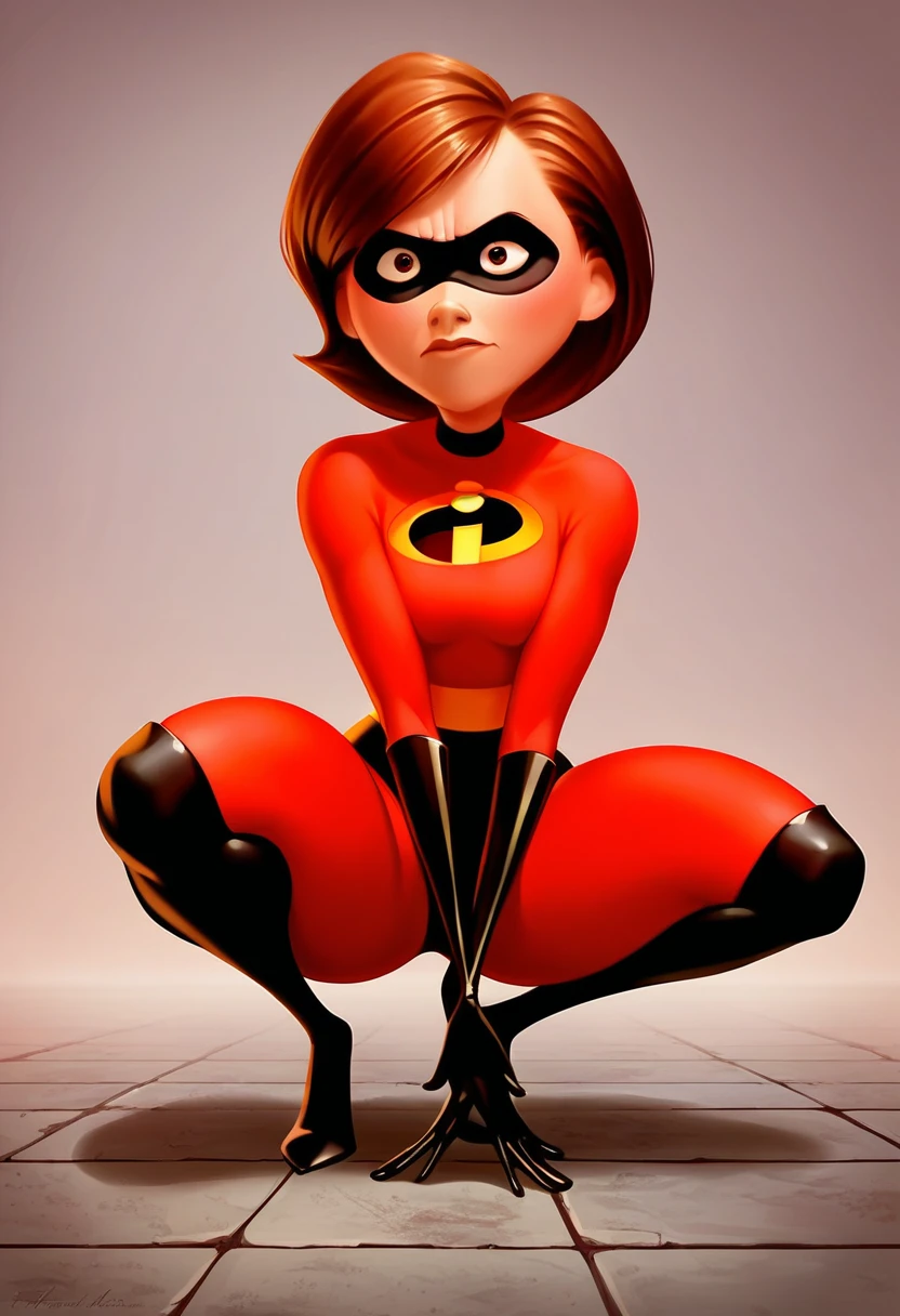 score_9, score_8_up, score_7_up, score_6_up, score_5_up, score_4_up, rating_questionable, 1girl, Hel_enParr, crouching, superhero, eye mask, big hips