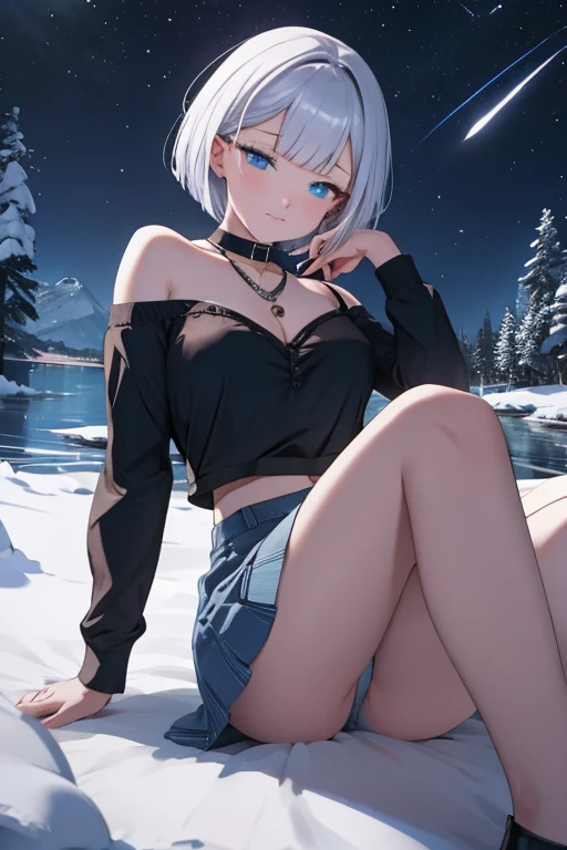 A woman with silver bob hair and blue eyes, looks up night stars condescendingly, she is sad, sitting with her legs apart revealing her panties, wearing a mini skirt, extremely detailed and realistic, masterpiece quality, ultra-detailed, HDR, studio lighting, vivid colors, physically-based rendering, near the lake, winter