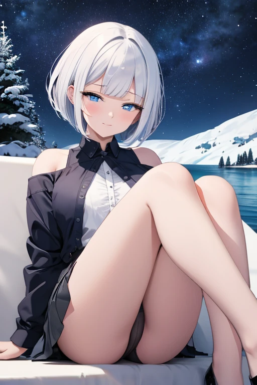 A woman with silver bob hair and blue eyes, looks up night stars condescendingly, she is sad, sitting with her legs apart revealing her panties, wearing a mini skirt, extremely detailed and realistic, masterpiece quality, ultra-detailed, HDR, studio lighting, vivid colors, physically-based rendering, near the lake, winter