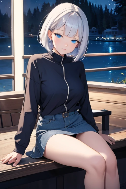 A woman with silver bob hair and blue eyes, looks up night stars condescendingly, she is sad, sitting with her legs apart revealing her panties, wearing a mini skirt, extremely detailed and realistic, masterpiece quality, ultra-detailed, HDR, studio lighting, vivid colors, physically-based rendering, near the lake, winter