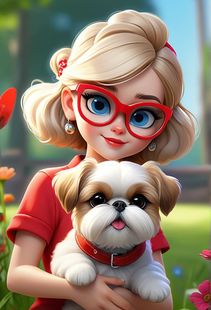 1 cute blonde girl with blue eyes wearing red sunglasses, red shirt, denim shorts, bright tennis shoes, 2 small black and white Shih Tzu puppies with big bright blue eyes wearing red sunglasses walking at dog park, squirrels, bunnies, butterflies, flowers in background, 3D Pixar style, (best quality,4k,8k,highres,masterpiece:1.2),ultra-detailed,(realistic,photorealistic,photo-realistic:1.37),beautiful detailed eyes,beautiful detailed lips,extremely detailed eyes and face,long eyelashes,vivid colors,natural lighting,warm color tone,highly detailed background