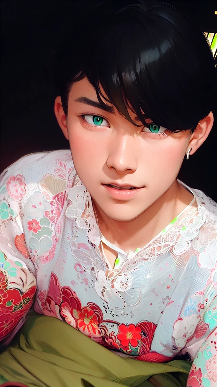 masterpiece, best quality, high quality, 1boy, solo, male focus, looking at viewer, chifuyu matsuno, blonde hair, short hair, earrings, jewelry, bangs, hair between eyes, single earring, green eyes, undercut, dress shirt, necktie, formal, wedding, groom, vest, blush