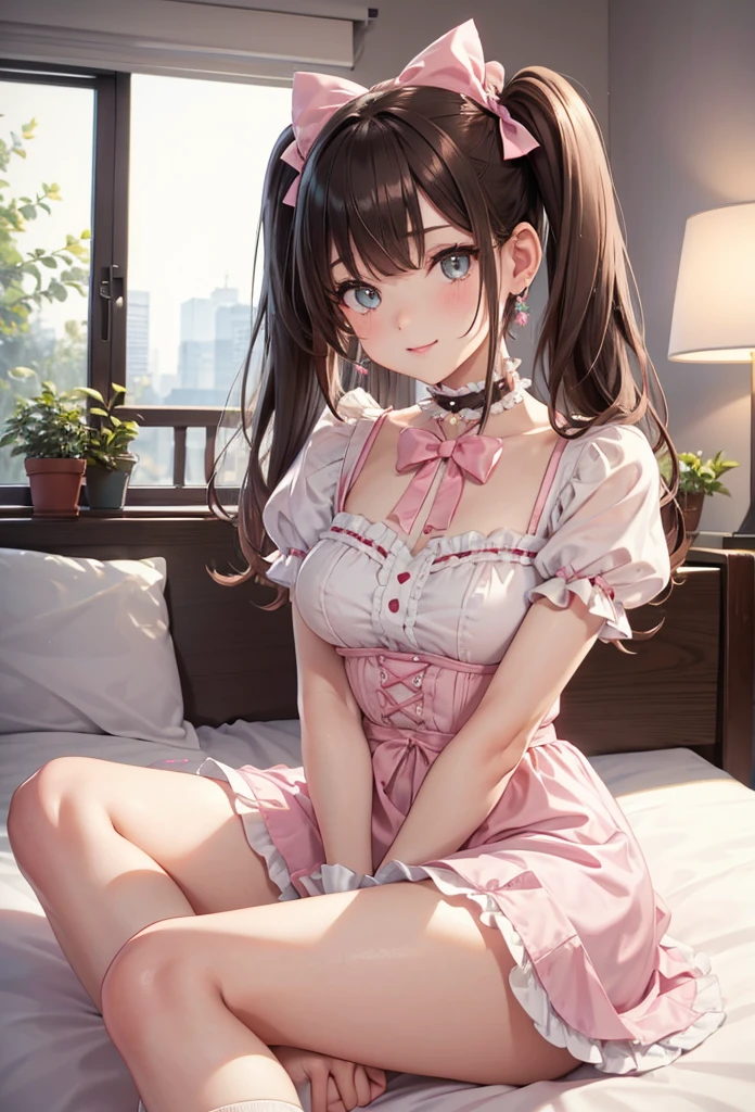 A beautiful lolita girl sitting on the bed with her legs open, anime girl, in the room, home interior, pastel pink lolita dress, short sleeves, a pair of short socks, choker with a bow, short white gloves, lolita shoes fashion, white panties, dark brown hair, long wavy hair, two pigtails, swept bangs, hair ribbon, aqua eyes, bright eyes and pupils, pink lips, glossy lips, blush, earrings, big round breasts, thin waist, perfect arms, defined thighs, thin legs, raised knees, legs open, looking at the viewer, flirty smile, shows her panties, I can see your panties, upskirt, masterpiece, high definition, natural light, high detail, anime, dithering, image fill, perspective, Wide-Angle, f/1.8, 85mm, Sony FE GM, 8k, 8k wallpaper, super detail, highly detailed CG, UHD, retina, masterpiece, accurate, anatomically correct, textured skin, highres, best quality:1.3, 16k