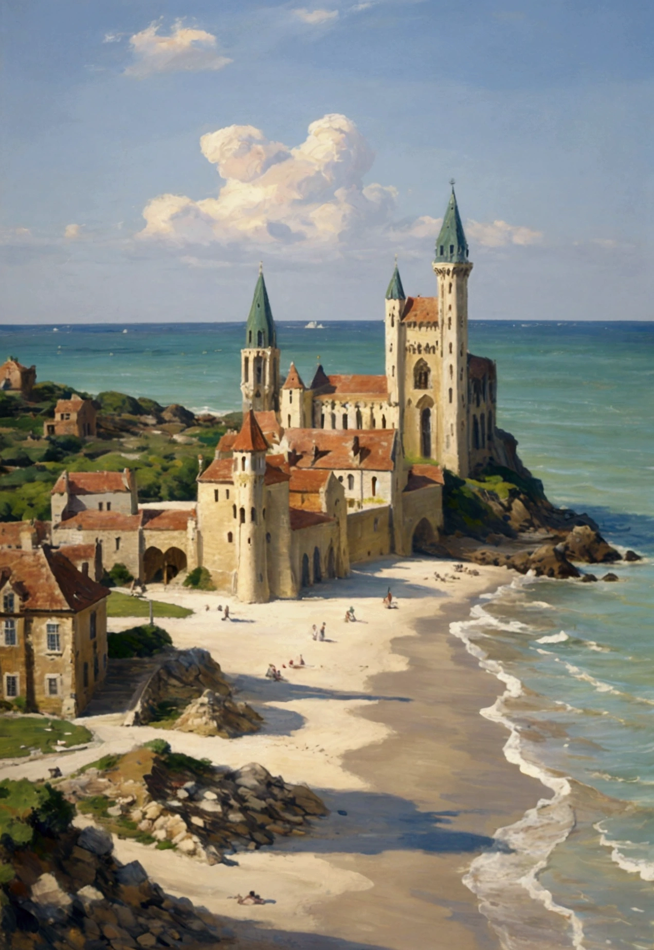 White medieval big city with Beautiful architecture, with tall towers, on the seashore, with sunny weather  