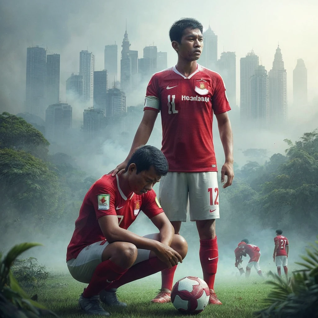 realistic football poster, photo of two Indonesian men wearing red Indonesian national team jerseys loading "INDONESIA" helping a friend who is sad, the feel of destroying the match with smoke leaking, full HD, dramatic