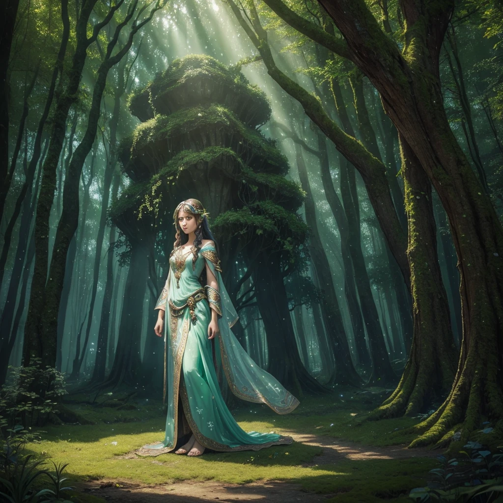 girl, solo, (fantasy art:1.3), portrait, standing in an enchanted forest, magical forest, surrounded by ancient trees with emerald, silver, and golden leaves, bioluminescent moss and flowers on the ground, mystical light beams filtering through the canopy, faint mist and whispering wind, small glowing fairies flying around, ethereal atmosphere, soft, radiant skin, flowing hair, detailed facial features, magical and serene expression, intricate and colorful attire, enchanted spring in the background, ancient stone pillars with magical runes, majestic light tree at the center