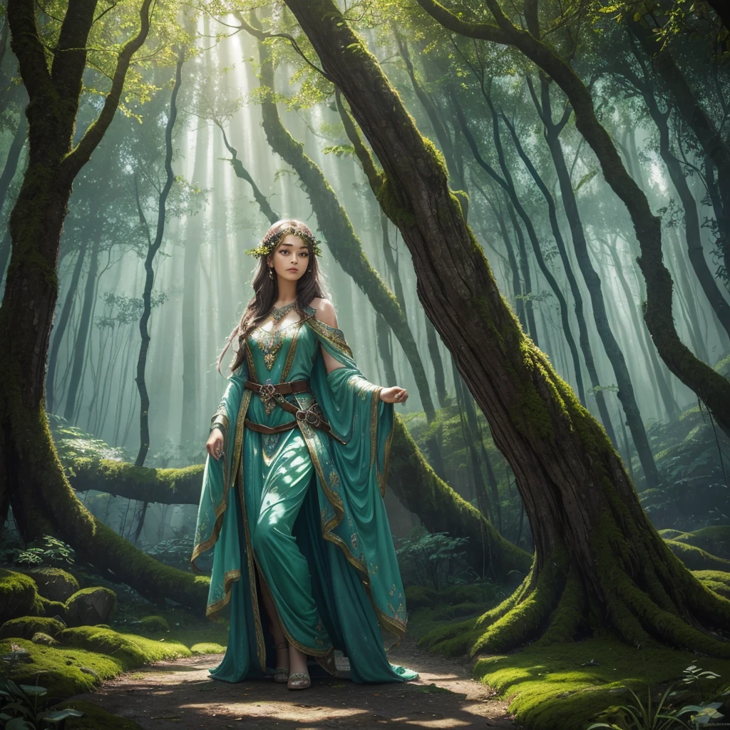 girl, solo, (fantasy art:1.3), portrait, standing in an enchanted forest, magical forest, surrounded by ancient trees with emerald, silver, and golden leaves, bioluminescent moss and flowers on the ground, mystical light beams filtering through the canopy, faint mist and whispering wind, small glowing fairies flying around, ethereal atmosphere, soft, radiant skin, flowing hair, detailed facial features, magical and serene expression, intricate and colorful attire, enchanted spring in the background, ancient stone pillars with magical runes, majestic light tree at the center