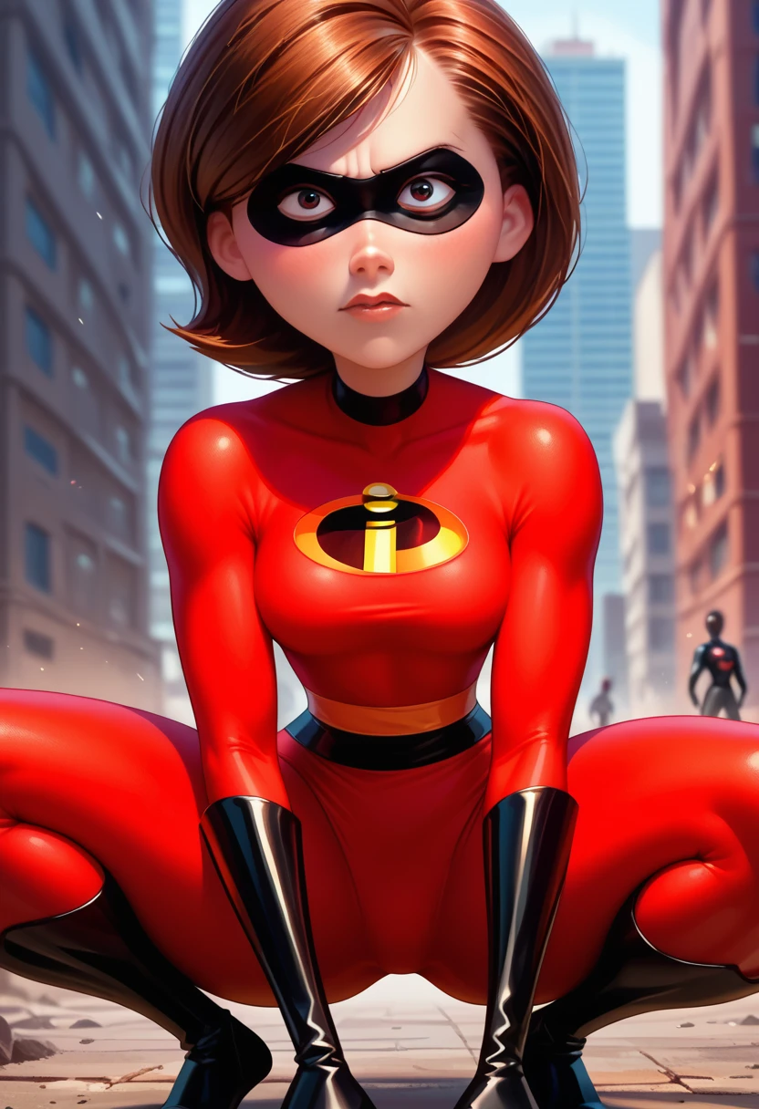 score_9, score_8_up, score_7_up, score_6_up, score_5_up, score_4_up, rating_questionable, 1girl, Hel_enParr, crouching, superhero, eye mask, big hips