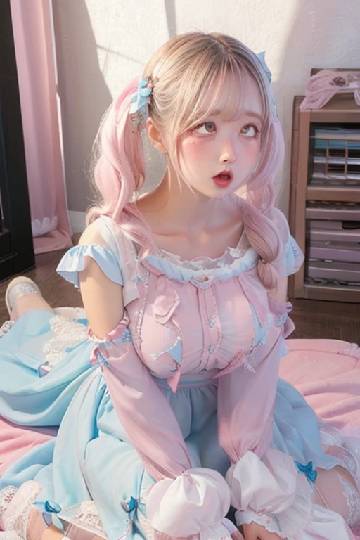 Soft pastel dresses　Fine lace and embroidery. Fluffy long hair tied up loosely.、corolla　Pale blue or pink、White or pastel colored long dress　first round　brainwashing　defeat　yield　Prostration　Princess　Big Breasts　clear　incontinence　Peeing　Loss double piece ahegao gal