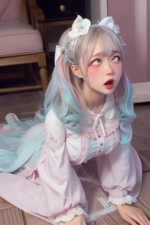 Soft pastel dresses　Fine lace and embroidery. Fluffy long hair tied up loosely.、corolla　Pale blue or pink、White or pastel colored long dress　first round　brainwashing　defeat　yield　Prostration　Princess　Big Breasts　clear　incontinence　Peeing　Loss double piece ahegao gal