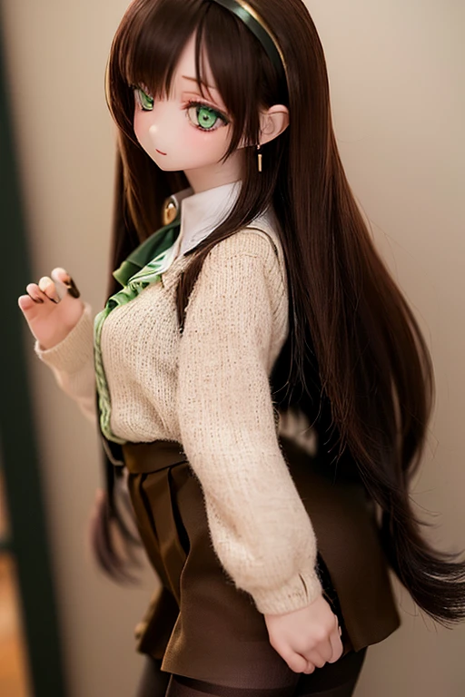 (SFW:2), photorealistic, realistic photo, 8k, ((highest quality)), ((masterpiece)), (extremely detailed), kukolnydom, doll, (mature woman, 22yo, 22 years old, solo:1.6), (profile, from side, standing, slim, slender, skinny, medium breasts, hairband, ascot, vest, blouse, long puff sleeves, pleated skirt, black pantyhose, green eyes, brown hair, long hair, plastic skin, looking at another, glass eyes, gradient eyes, shining eyes, detailed eyes:1.3)