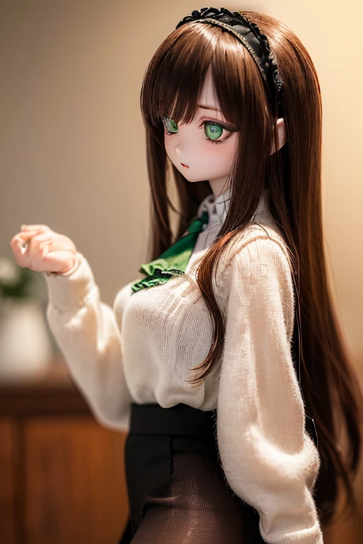 (SFW:2), photorealistic, realistic photo, 8k, ((highest quality)), ((masterpiece)), (extremely detailed), kukolnydom, doll, (mature woman, 21yo, 21 years old, solo:1.6), ((cowboy shot, stylish pose, slim, slender, skinny, medium breasts, hairband, ascot, vest, blouse, long puff sleeves, pleated skirt, black pantyhose)), (green eyes, brown hair, long hair, plastic skin, looking at another, glass eyes, gradient eyes, shining eyes, detailed eyes:1.3)