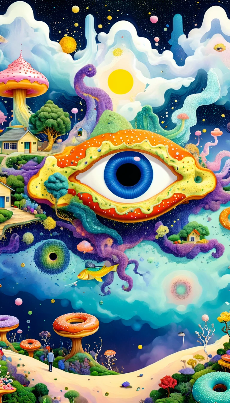 Strong visual fusion of multiple elements,Broto,来自Star的艺术家,Dopamine color scheme,Colored donuts、house、Eye、Star、cloud、fish、Tentacles,Describing the inner world of autistic people,密集Pointillism method。Smooth lines。interesting,Strange illustration。Pointillism method。Strong contrast。Award-winning works。