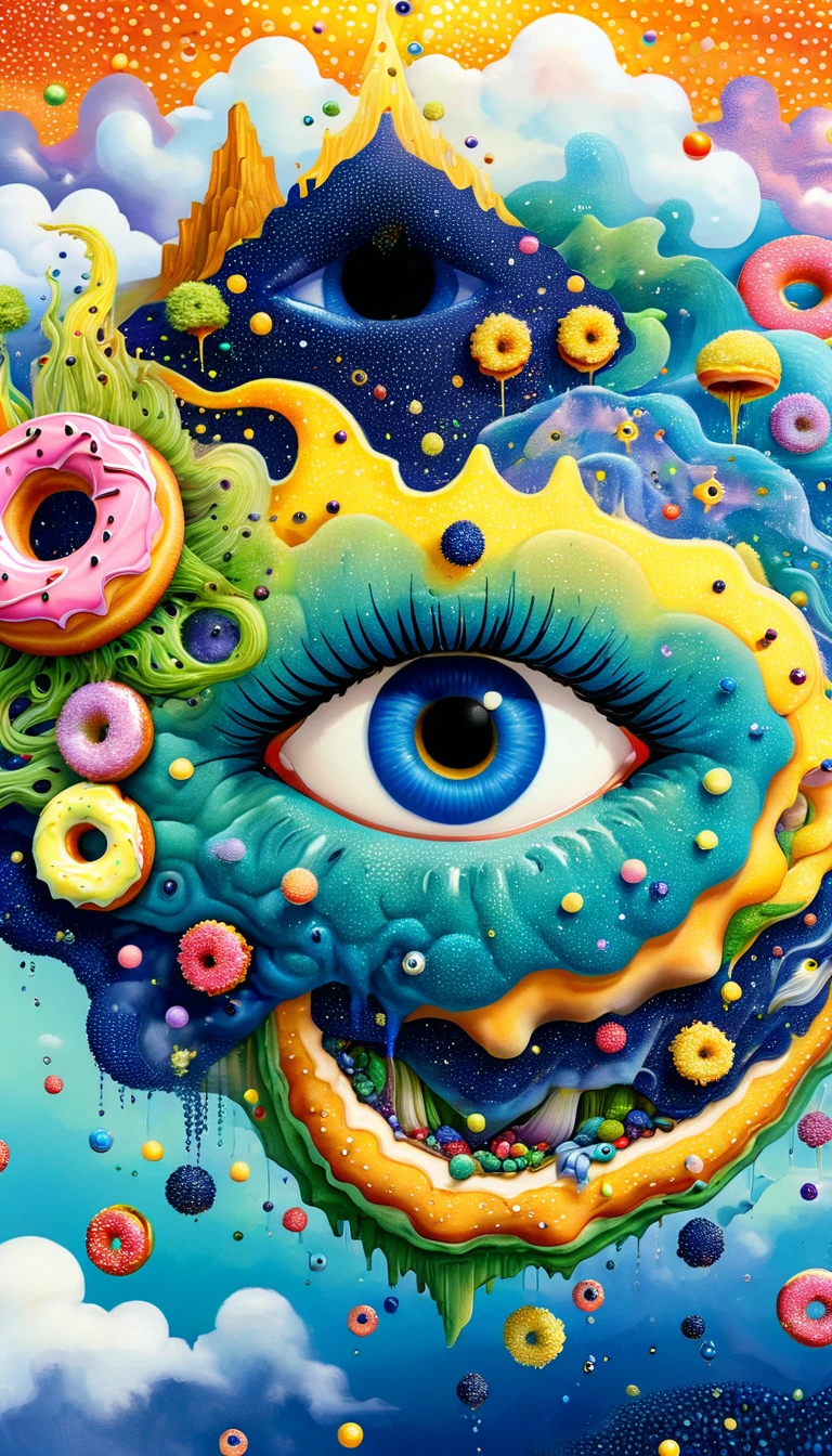 Strong visual fusion of multiple elements,Broto,来自Star的艺术家,Dopamine color scheme,Colored donuts、house、Eye、Star、cloud、fish、Tentacles,Describing the inner world of autistic people,密集Pointillism method。Smooth lines。interesting,Strange illustration。Pointillism method。Strong contrast。Award-winning works。