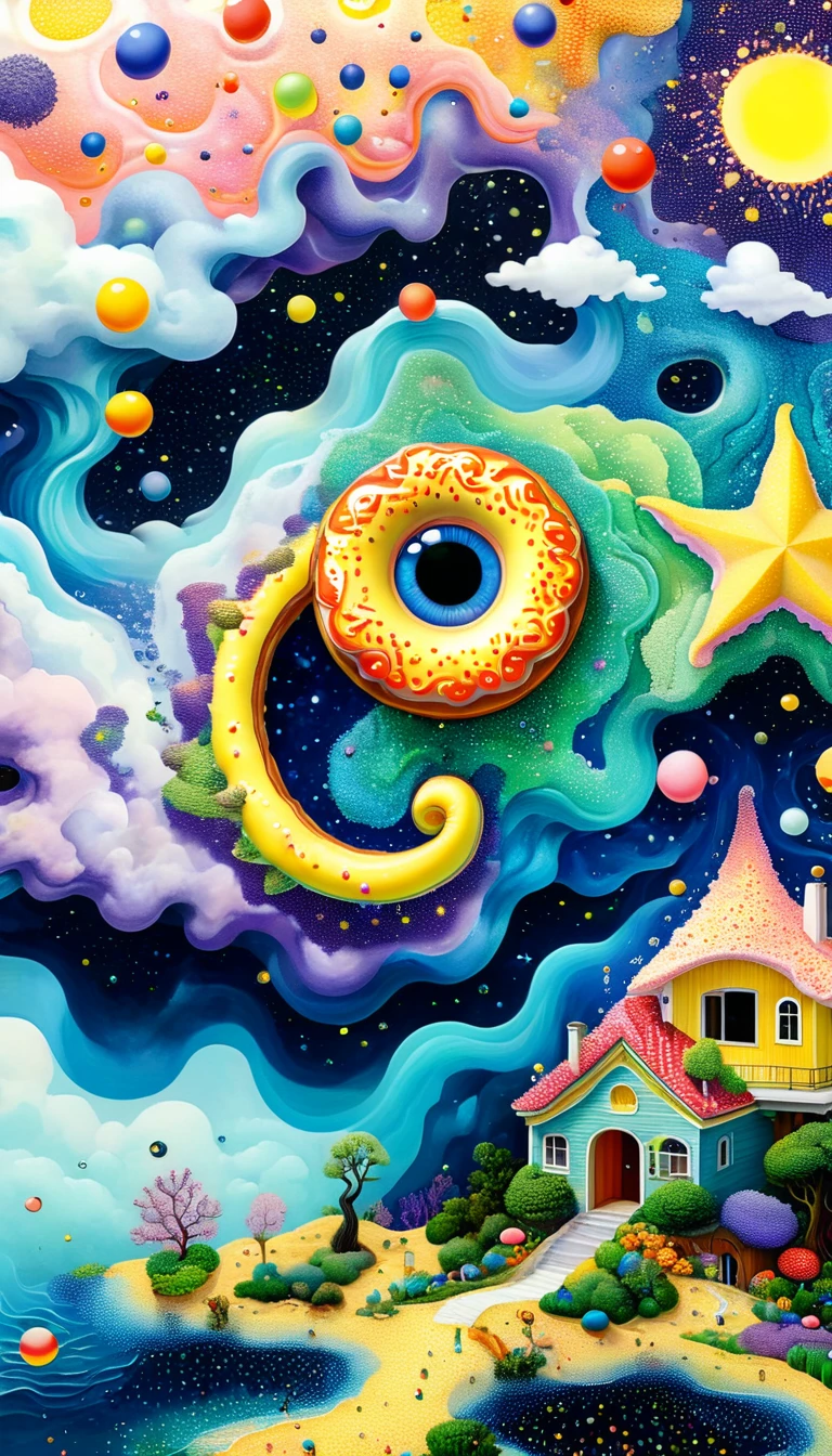 Strong visual fusion of multiple elements,Broto,来自Star的艺术家,Dopamine color scheme,Colored donuts、house、Eye、Star、cloud、fish、Tentacles,Describing the inner world of autistic people,密集Pointillism method。Smooth lines。interesting,Strange illustration。Pointillism method。Strong contrast。Award-winning works。