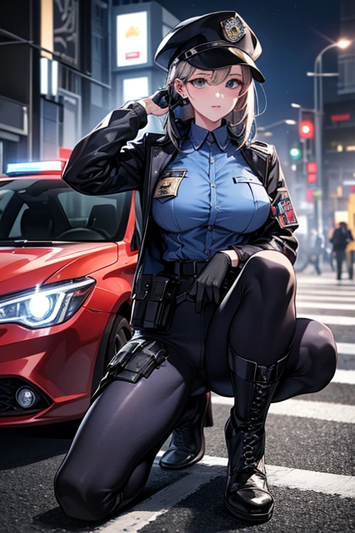 ((Highest quality)),(超High resolution),(Very detailed),(Detailed Description),((The best CG)),(masterpiece),Ultra-detailed art、(Highest quality、8k、32K、masterpiece)、(Realistic)、(Realistic:1.2)、(High resolution)、Very detailed、Very beautiful face and eyes、1 female、Tight waist、Delicate body、(Highest quality、Attention to detail、Rich skin detail)、(Highest quality、8k、Oil paints:1.2)、Very detailed、(Realistic、Realistic:1.37)、Bright colors、Beautiful Japanese Woman、Detailed face、Smooth Skin、Big Breasts、"A female police officer of the near future wearing a highly functional uniform、Working in a modern urban environment。Wearing a dark blue or black tight-fitting jacket、Reflective lines and metallic accents、Built-in protective padding on shoulders and elbows。There is a badge and ID holder on the left chest.、Wear a moisture-wicking grey or blue shirt underneath。The shirt has contrast stripes on the collar and cuffs。The tight-fitting straight pants are made from the same high-performance material.、Built-in protective pads on knees and thighs。Wearing a sturdy black belt、Multiple pouches and holsters are attached.、Stores power tools and communication equipment。On her feet, she wears mid-cut black boots that provide good ankle support.。The cap also matches the uniform.、Reflective lines and metallic badges。As an accessory、Impact resistant gloves、Bulletproof glass goggles with night vision function、It also comes with a headset with an integrated earpiece and microphone.。She patrols the city、Interact with citizens、They are responding to the situation using advanced surveillance equipment.、There is a futuristic police car nearby.。The urban environment is high-tech、You&#39;ll see smart buildings and holographic displays。"
