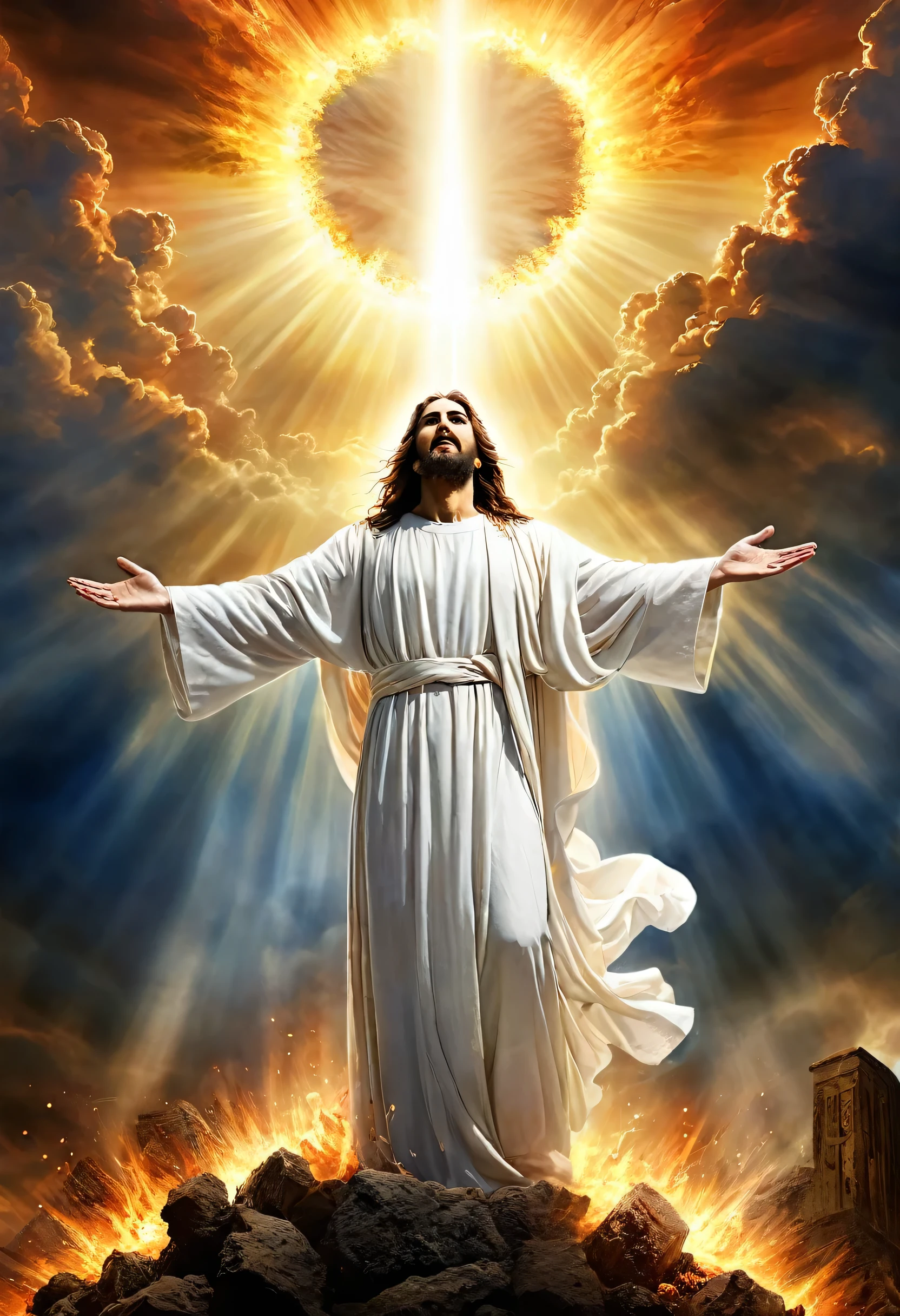 JesusChrist, Opening your arms, descending from heaven after the apocalypse, Undoing , fire, GOD, angels, battle, descending from the heavens , glorious