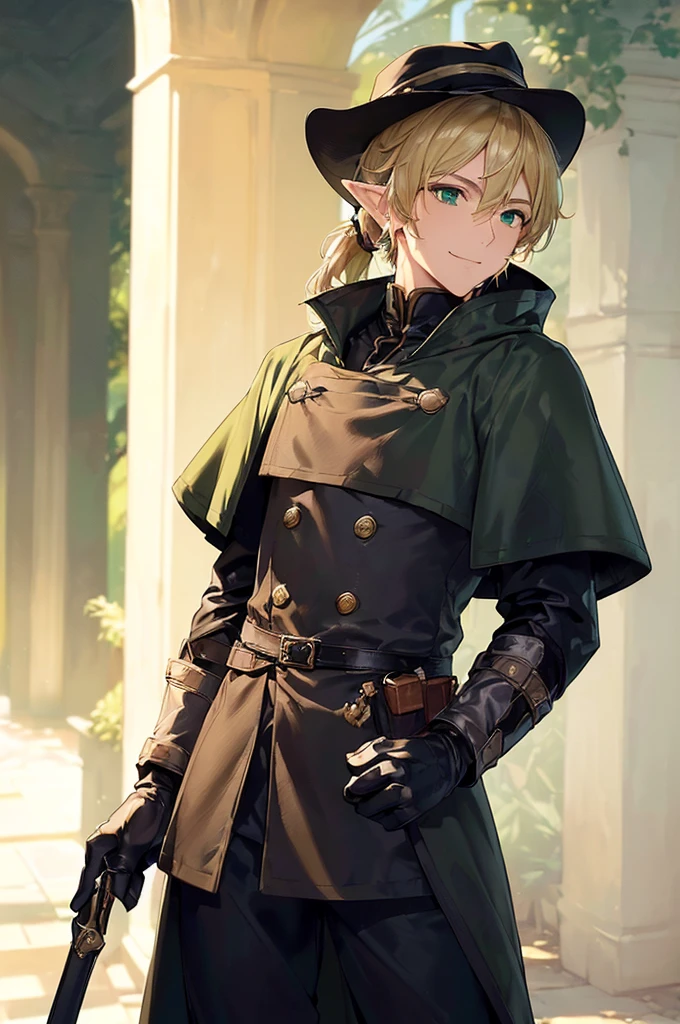 (((masterpiece; best quality: 1.2))), (finely detailed eyes: 1.3), (25 year old elf man), (solo), (green eyes: 1.4), (body; toned, fit, masculine: 1.3), (silky blonde hair in low ponytail: 1.3), (beautiful and clear background: 1.2), ((depth of field)), (equipment: adventurer garb + modest + elegant hunter wide-brimmed hat + dark overcoat + dark long cape + black pants + gloves + belt + pouches: 1.3), (anime illustration: 1.2), (background composition; royal garden: 1.1), (extremely fine and handsome: 1.1), (shot composition; standing + centered on torso + close-up: 1.5), (expression; calm, smile: 1.2)