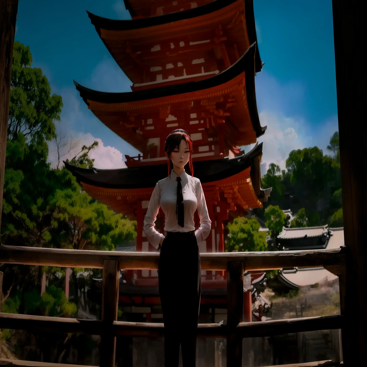 There is a woman standing in front of a pagoda wearing a black tie, Inspired by Torii Kiyomitsu, Inspired by Torii Kiyomasa, temples behind her, Inspired Kyoto, Inspired by Torii Kiyomasa II, in front of a temple, Anime style mixed with Fujifilm, Standing in a Buddhist temple, japanese temple, japanese temples