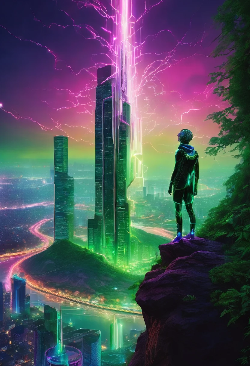 An alluring and thought-provoking digital art piece depicting a mystical being, half-human and half-tech, radiating an aura of power and mystery. They stand at the precipice of a vast, neon-lit cityscape, symbolizing the potential impact of emerging technologies on our society. The other half of the figure is intertwined with lush, green foliage, representing the harmonious balance between nature and innovation. A captivating fusion of the organic and the artificial, the piece invites viewers to ponder the future of finance and our economy in the era of cryptocurrencies.