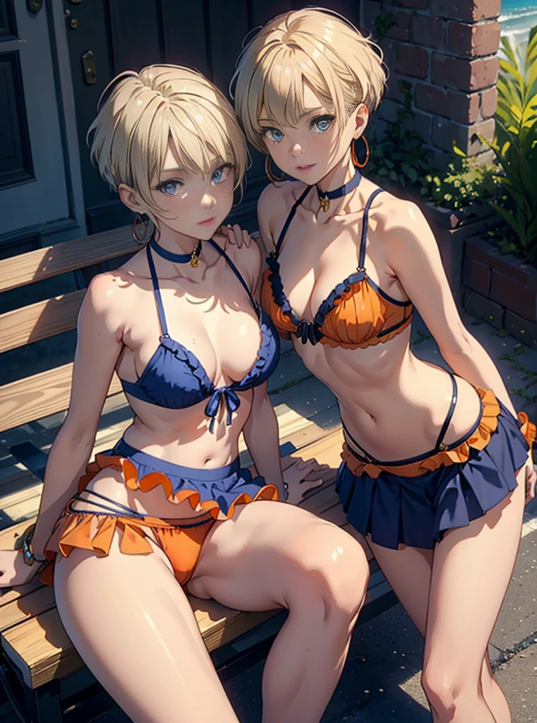 Two sexy girls in colorful crochet bikini in the bright pool and their short blonde hair and blue eyes edited doing sexy full body poses 