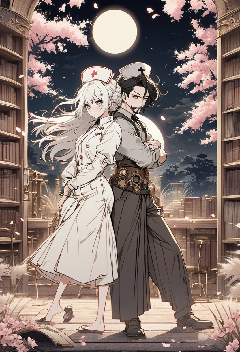 Steampunk, , Nurse, Goatee, Shadowed side, Braided Bun, Nail polish, Overalls, No socks, Bat Wings, Hug your legs, Back to Back, library, (Line Art), Beautiful and detailed Pampas grass fields, Open hakama, Surrounded by floating cherry blossoms, Full Moon, Beautiful and detailed dark midnight sky, Messy white hair